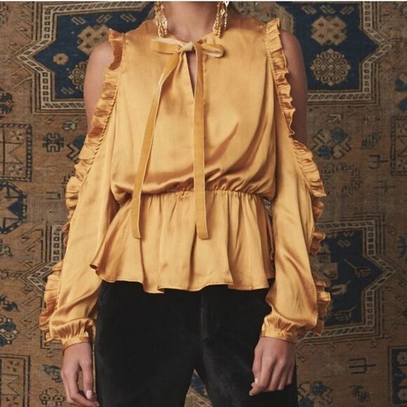 Tularosa Revolve Shilo Satin Open Sleeve Ruffle Blouse in Marigold Size XS - Picture 2 of 11
